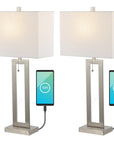JONATHAN Y Sabrina 28.5" Vintage Industrial Iron LED Table Lamp with Pull-Chain and USB Charging Port, Nickel (Set of 2)
