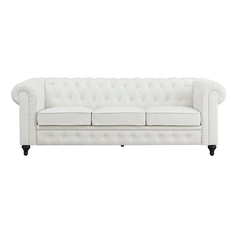 Emery Chesterfield Sofa, Luxurious Comfort for Cozy Living Rooms, Mid-Century Modern couch, Elegance & Serenity, 3-Seater Sofa White,PU