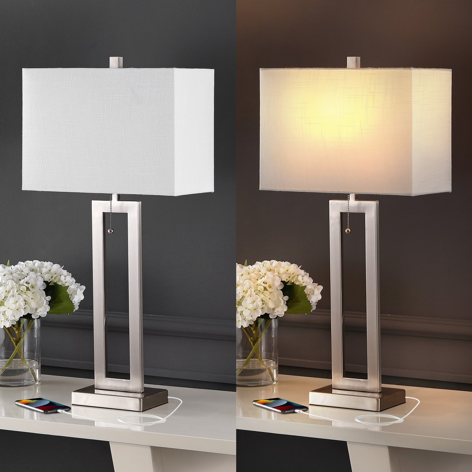 JONATHAN Y Sabrina 28.5" Vintage Industrial Iron LED Table Lamp with Pull-Chain and USB Charging Port, Nickel (Set of 2)