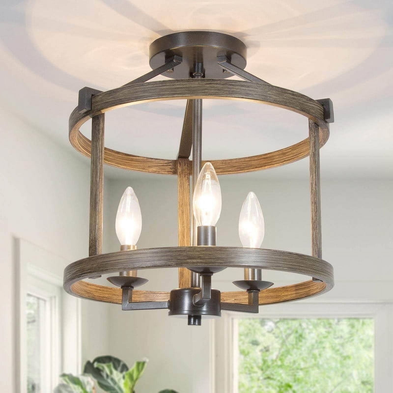 LNC Rustic Farmhouse 3-Light Semi-Flush Ceiling Light Distressed Wood