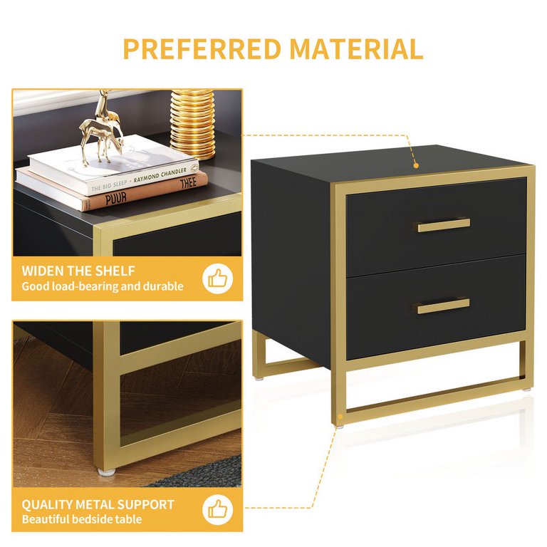DWVO Modern Nightstand End Side Table with 2 Drawers and Metal Frame for Bedroom Living Room, Black and Gold
