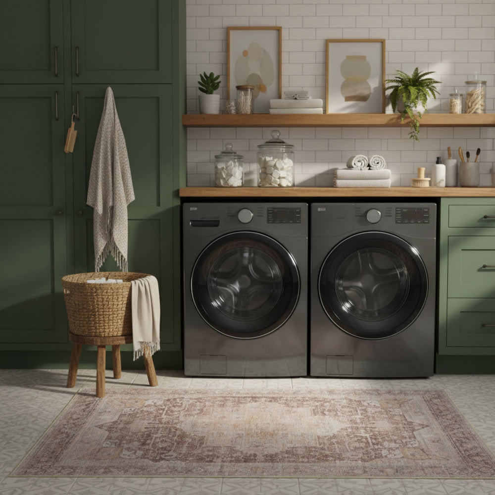 Ava Vintage Persian Spill Proof Washable Rug | Pale Pink