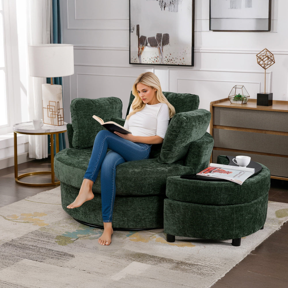 Lunale Oversized Swivel Barrel Accent Chair with Storage Ottoman Green Chenille