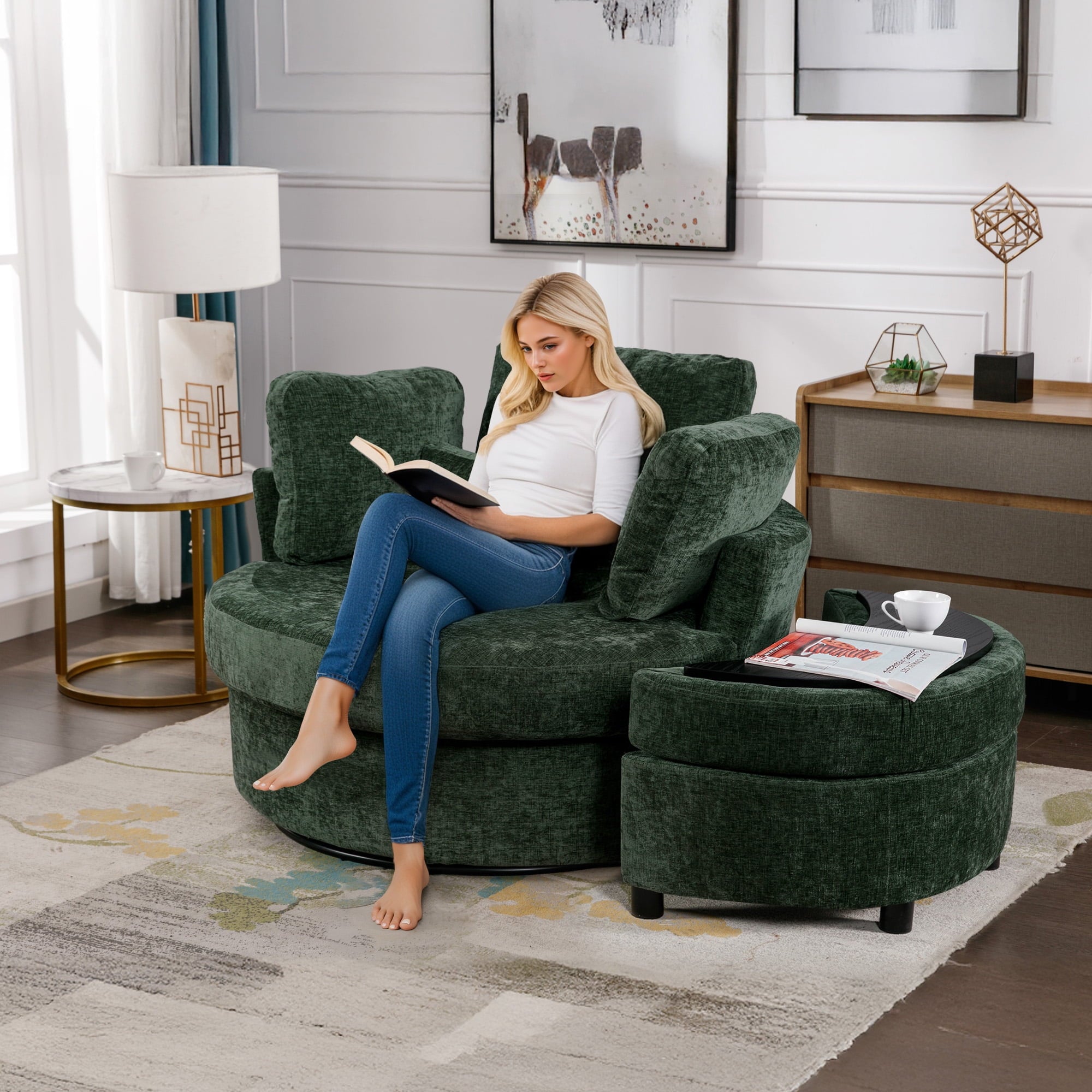 Lunale Oversized Swivel Barrel Accent Chair with Storage Ottoman Green Chenille