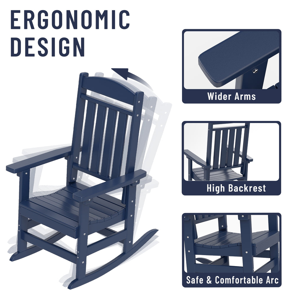 Patio Slat Rocking Chair Set of 2, HDPE Plastic Weather Resistant Porch Rocker, Navy Blue