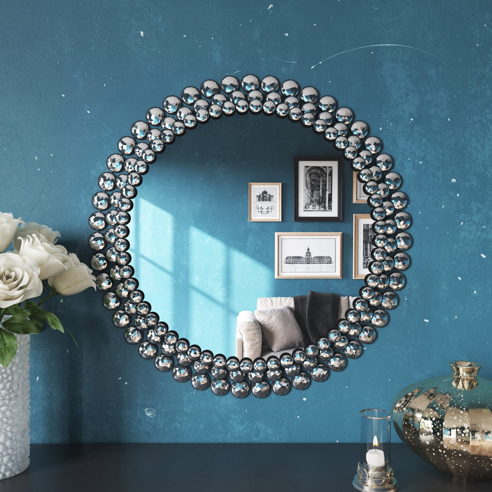 Silver Jeweled Round Wall Mirror for Wall Decor,24"