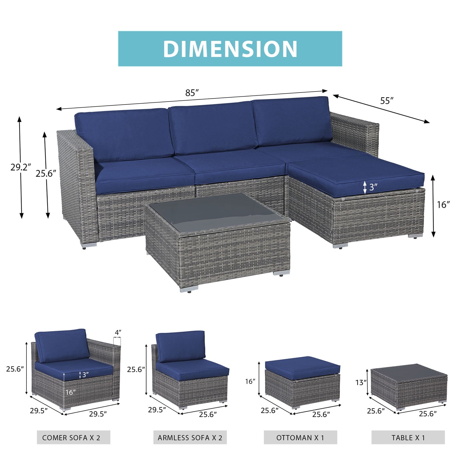 JOIVI 5 Pieces Outdoor Patio Furniture Set, All Weather PE Gray Wicker Rattan Sectional Furniture Set with Coffee Table, Navy Blue
