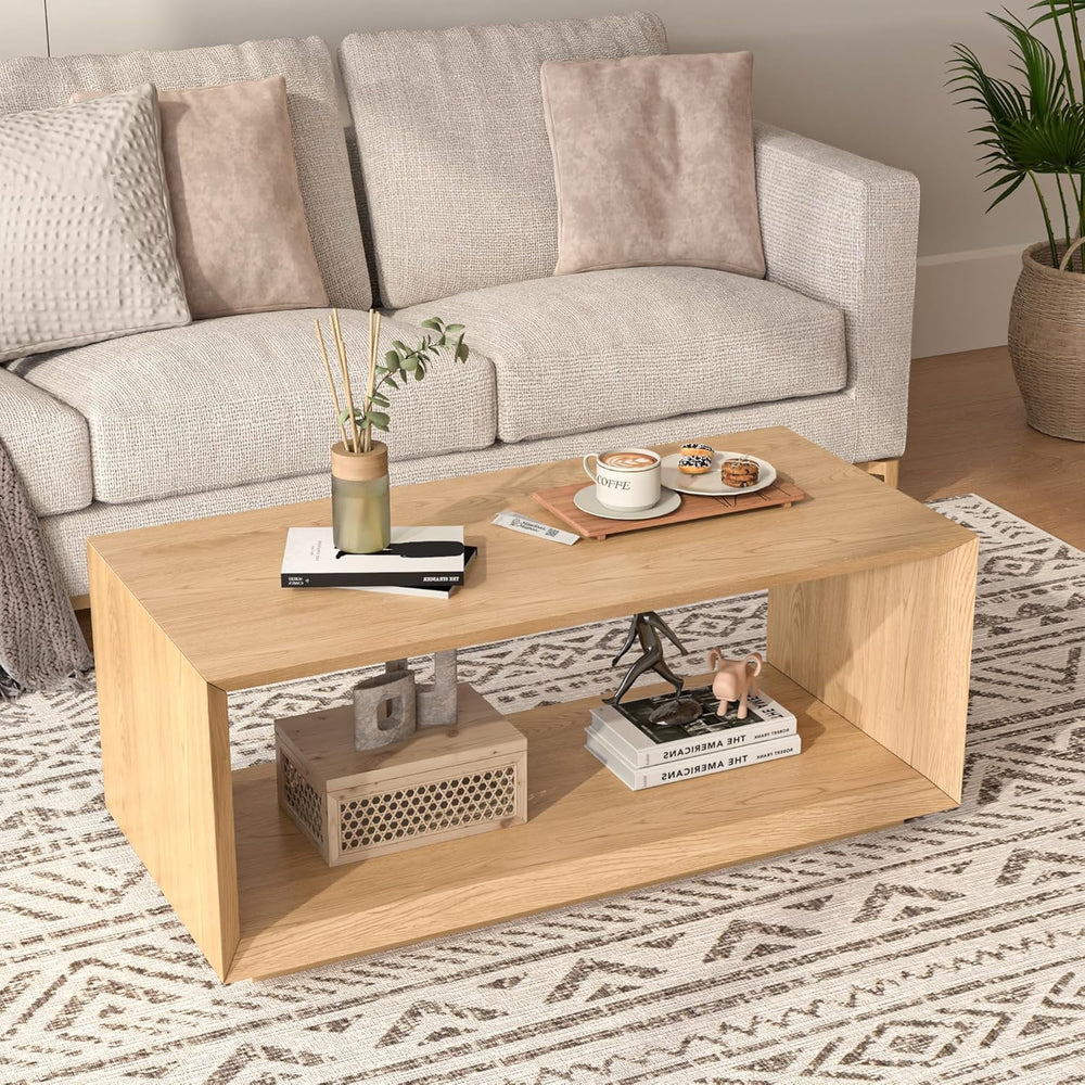 Coffee Table with Storage Shelf, Modern Rectangle Cocktail Table, Wood Center Table for Living Room (Wood)