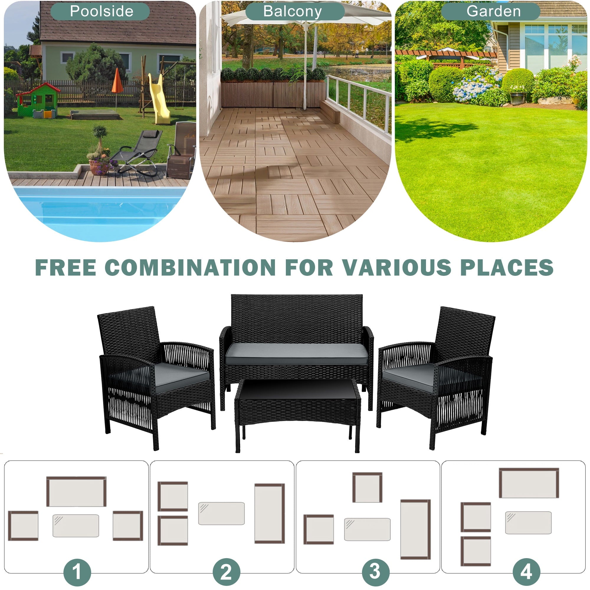 Outdoor Patio Conversation Set, Segmart 4 Pieces Rattan Sofa Set Cushioned Sofa & Charis, Deck Porch Poolside Furniture Table Set for 4, Gray