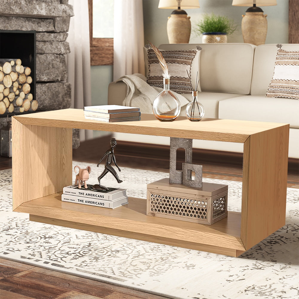 Coffee Table with Storage Shelf, Modern Rectangle Cocktail Table, Wood Center Table for Living Room (Wood)