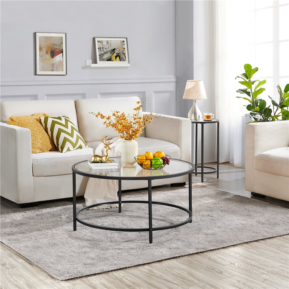 Alden Design Round Modern Glass-Top Coffee Table for Living Room, Black