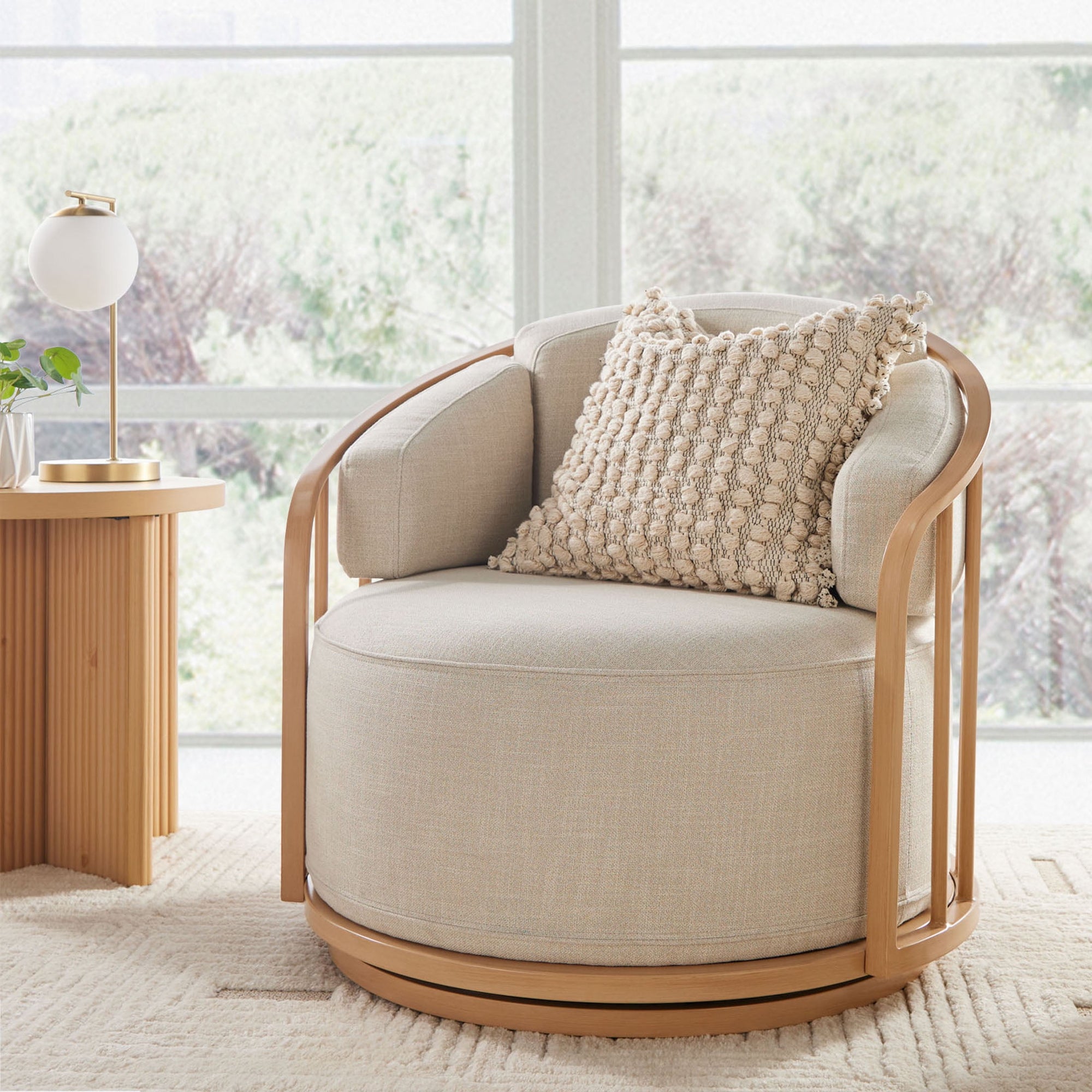 Free Shipping! Better Homes & Gardens Lillian Swivel Birdcage Accent Chair, Cream Linen, Natural Pine Finish