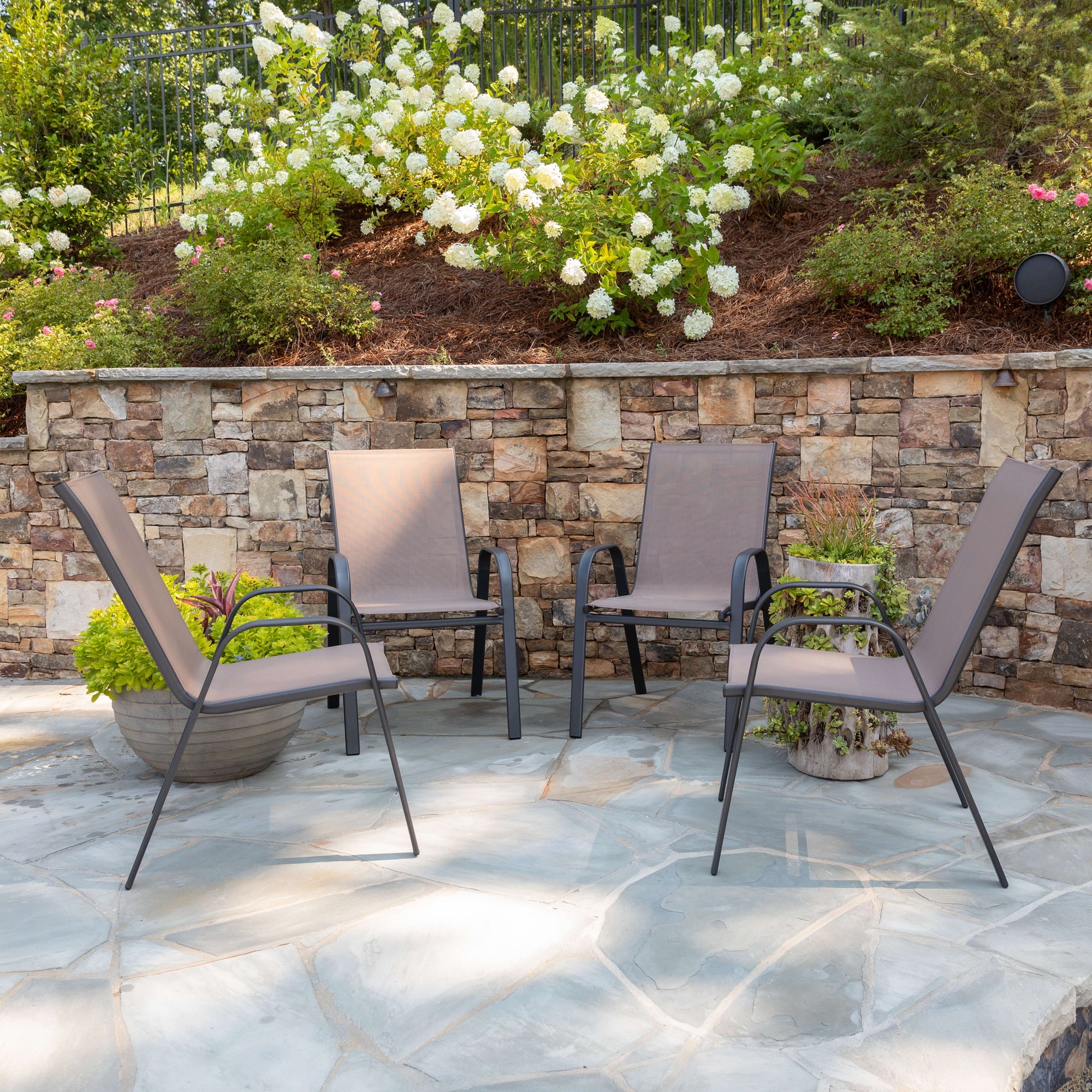 BizChair 4 Pack Brown Outdoor Stack Chair with Flex Comfort Material and Metal Frame