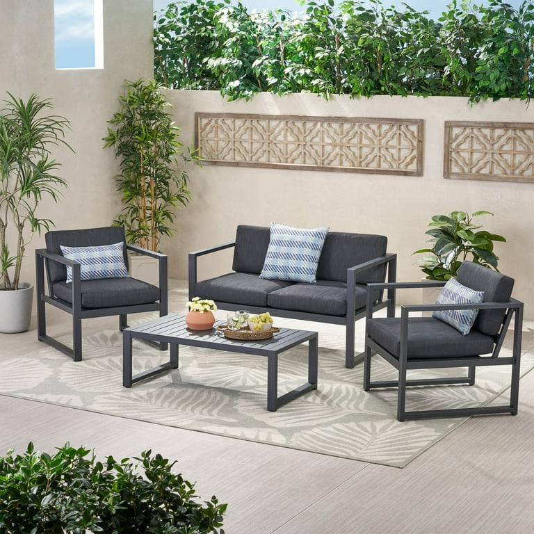 Calderon 4 Piece Outdoor Aluminum Chat Set, Dark Gray