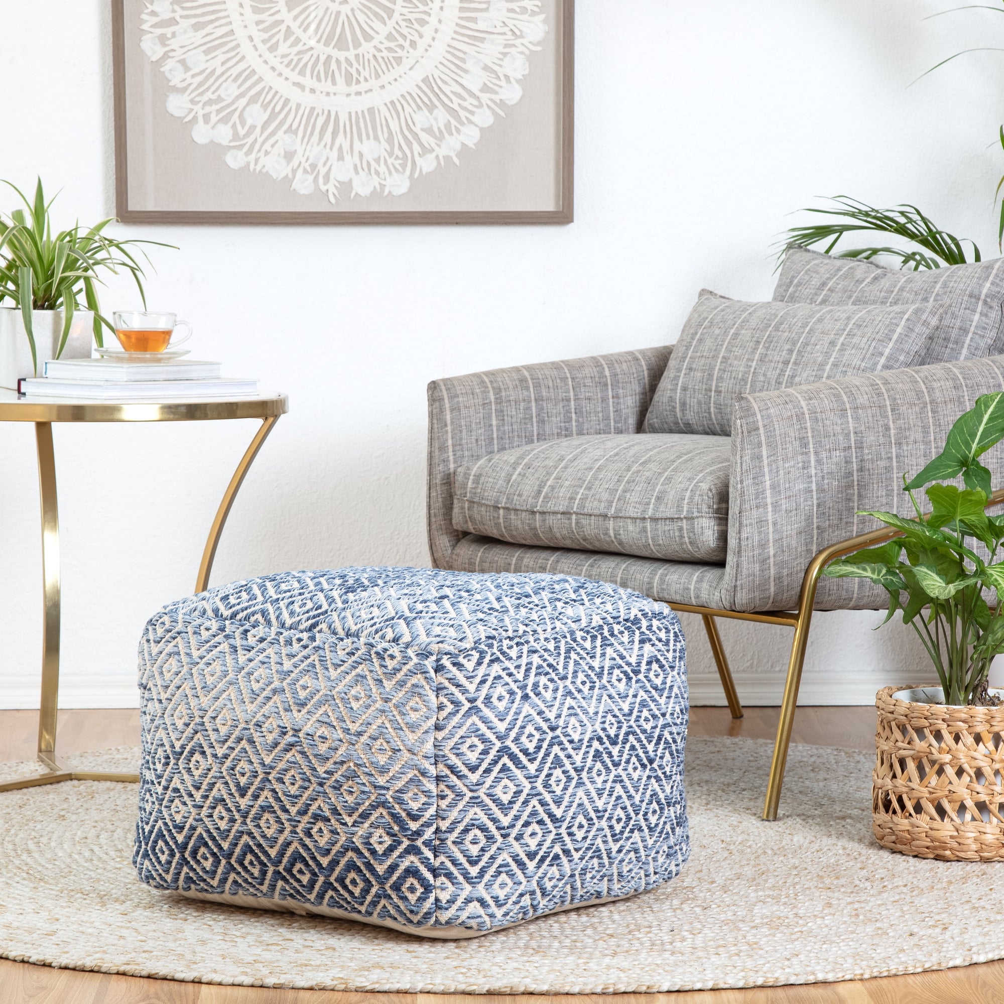 Chero Distressed Diamond 22" Square Pouf Ottoman Blue and Beige