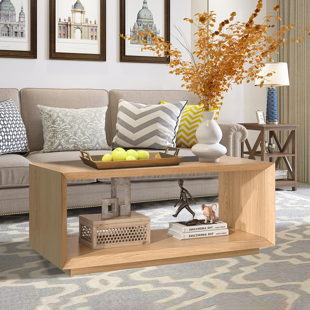 Coffee Table with Storage Shelf, Modern Rectangle Cocktail Table, Wood Center Table for Living Room (Wood)