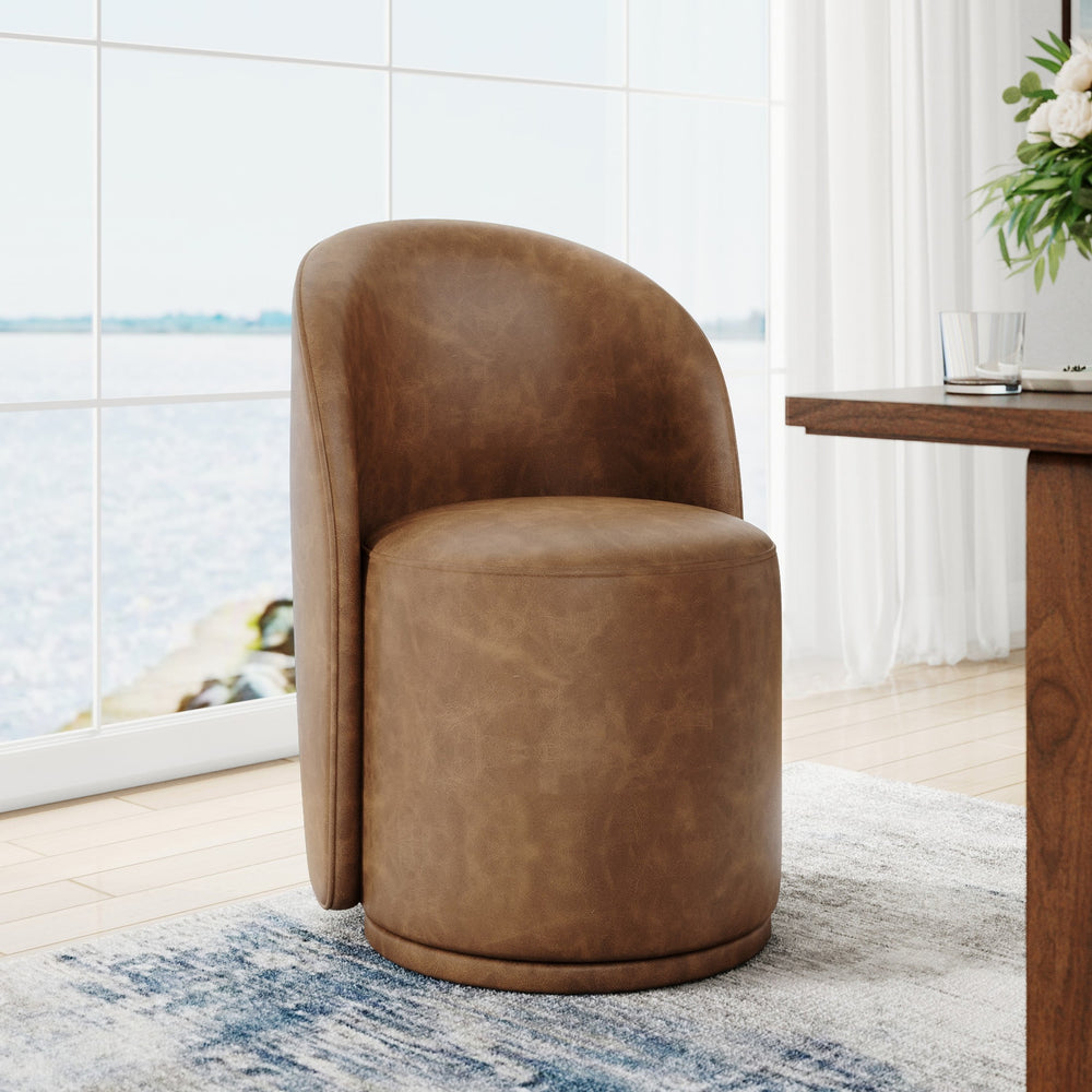 DREAMSIDEA Swivel Dining Chair, Upholstered Barrel Accent Chair for Dining Room &amp; Kitchen Chairs, Morden Round Vanity Chair for Living Room&amp;Bedroom, Faux Leather-Brown