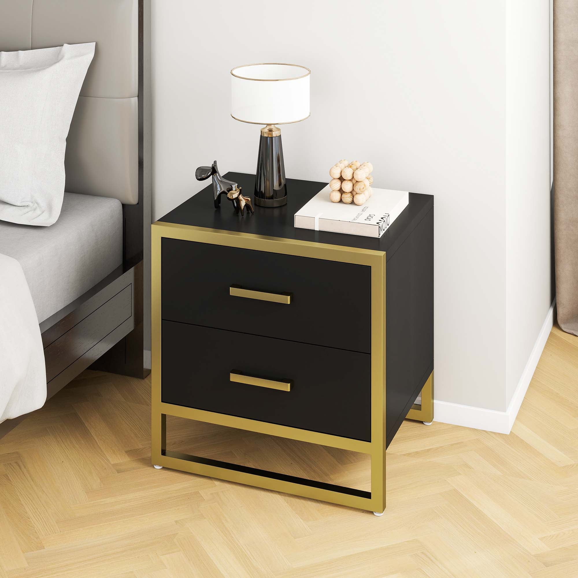 DWVO Modern Nightstand End Side Table with 2 Drawers and Metal Frame for Bedroom Living Room, Black and Gold