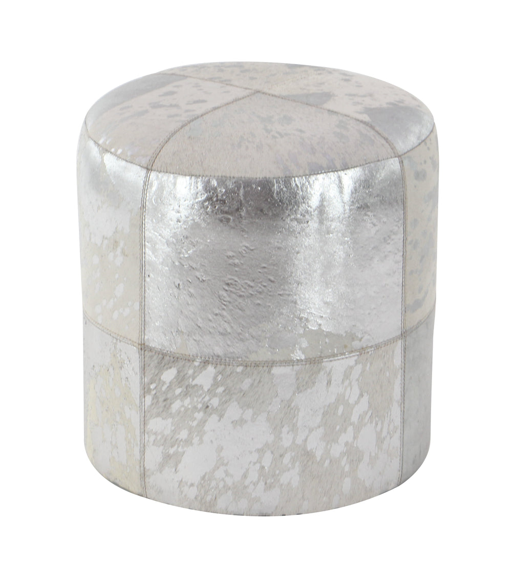 Decmode 16" x 16" Gray Leather Handmade Cowhide Ottoman with Patchwork Pattern, 1-Piece