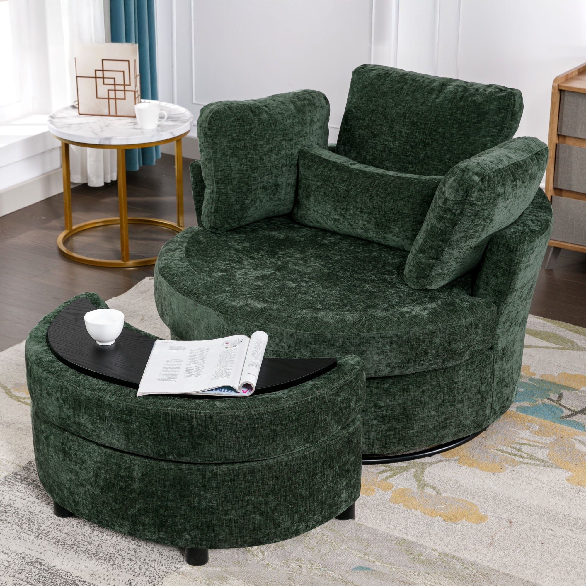 Lunale Oversized Swivel Barrel Accent Chair with Storage Ottoman Green Chenille