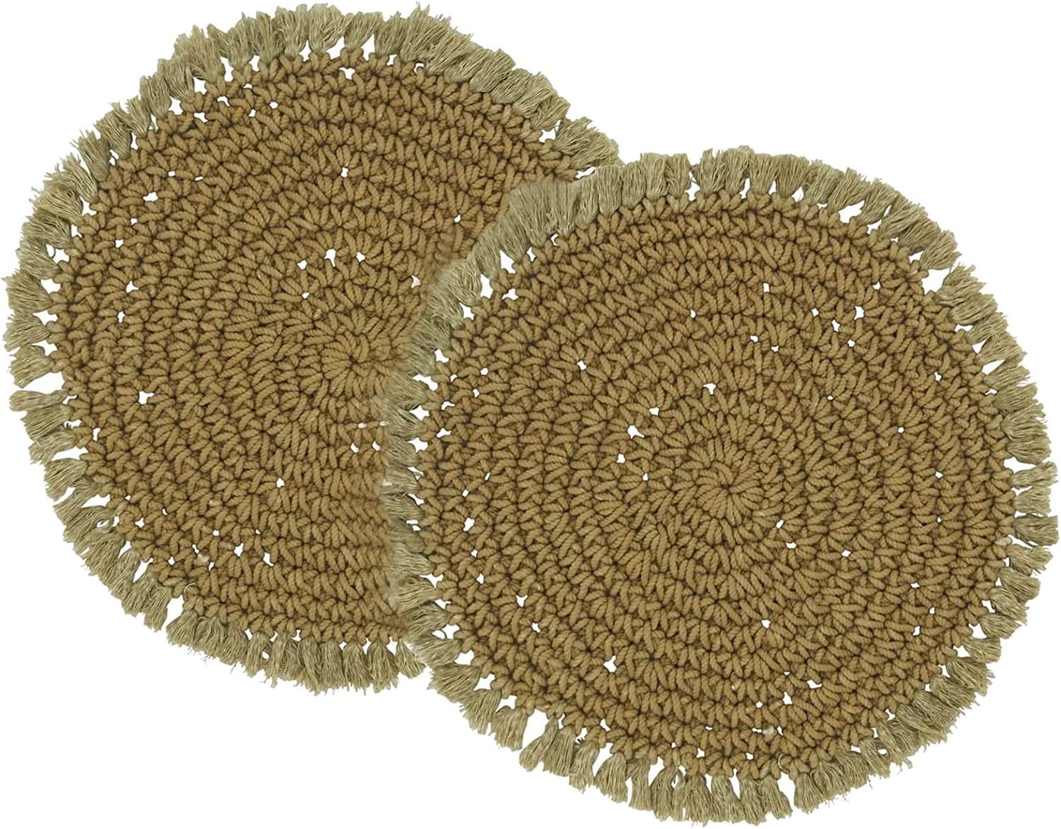 Fennco Styles Boho Macrame Cotton Placemats 15" Round, Set of 2 - Natural Braided Fringe Table Mats for Home, Dining Room, Banquets, Family Gathering and Special Events