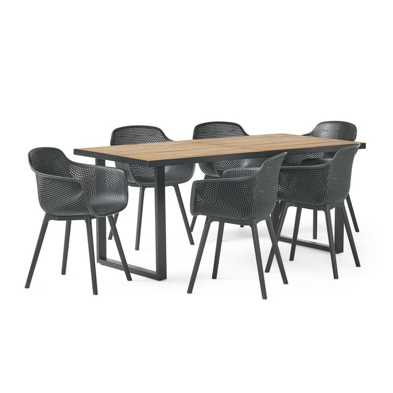 GDF Studio Barbados Outdoor Acacia Wood and Resin 7 Piece Dining Set, Black and Teak