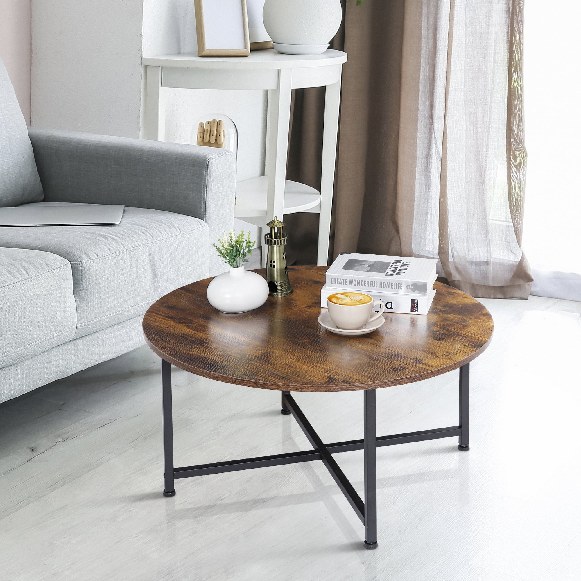HomGarden 31.5-Inch Industrial Round Coffee Table with X-Base Metal Legs, Sofa Side Table Retro Cocktail Table for Home Office, Living Room, Rustic Brown