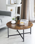 HomGarden 31.5-Inch Industrial Round Coffee Table with X-Base Metal Legs, Sofa Side Table Retro Cocktail Table for Home Office, Living Room, Rustic Brown