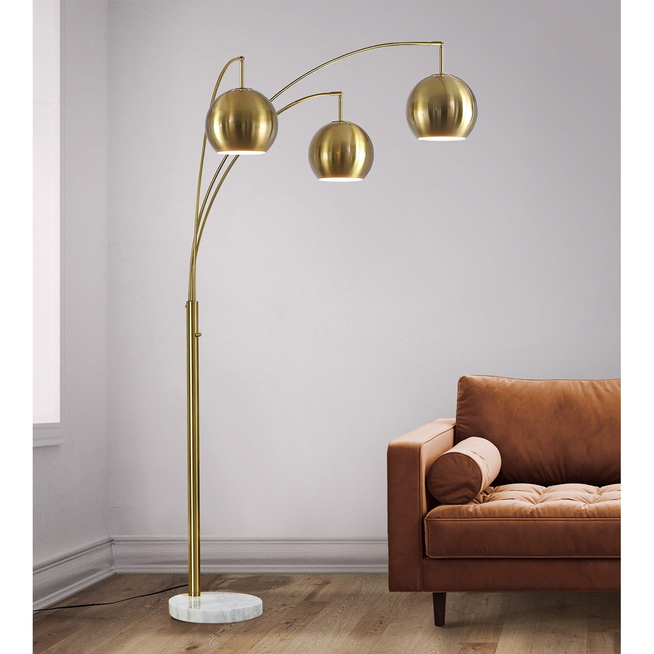 HomeGlam Metro 84"H Metal Globe 3 Lights LED Dimmable Arch Floor Lamp with LED Vintage Bulbs Brass /Metal Shades