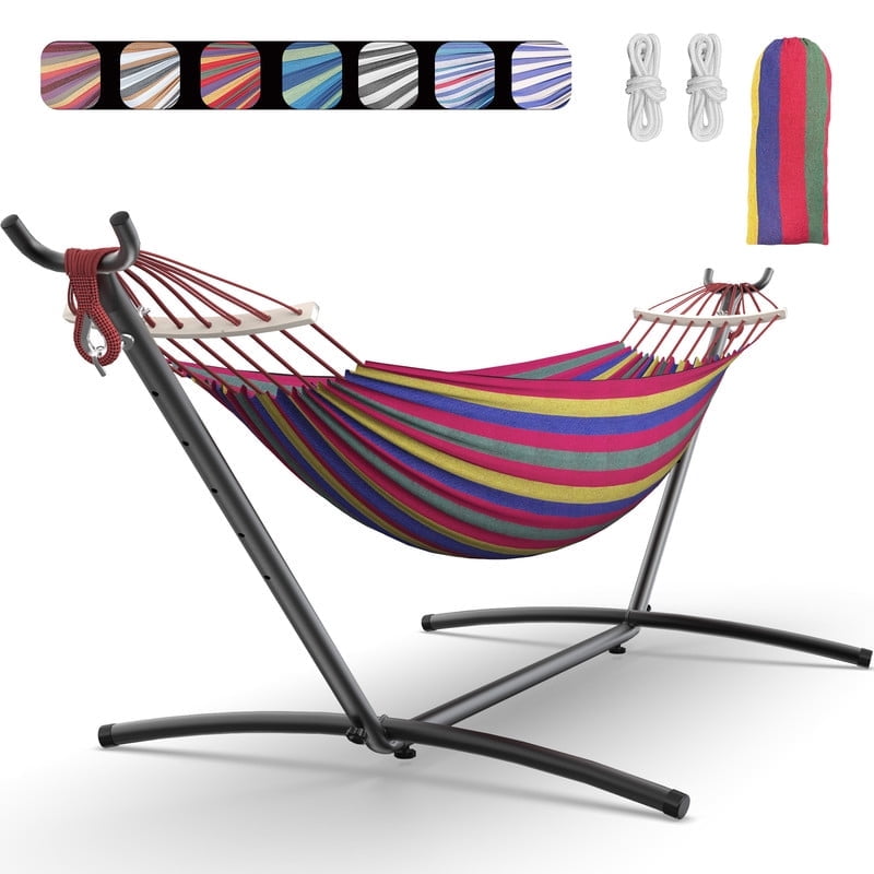 KEESTP Comfortable 2 Person Hammock with Stand,Ease of Assembly Portable Brazilian Hammock,450lb Capacity - Rainbow