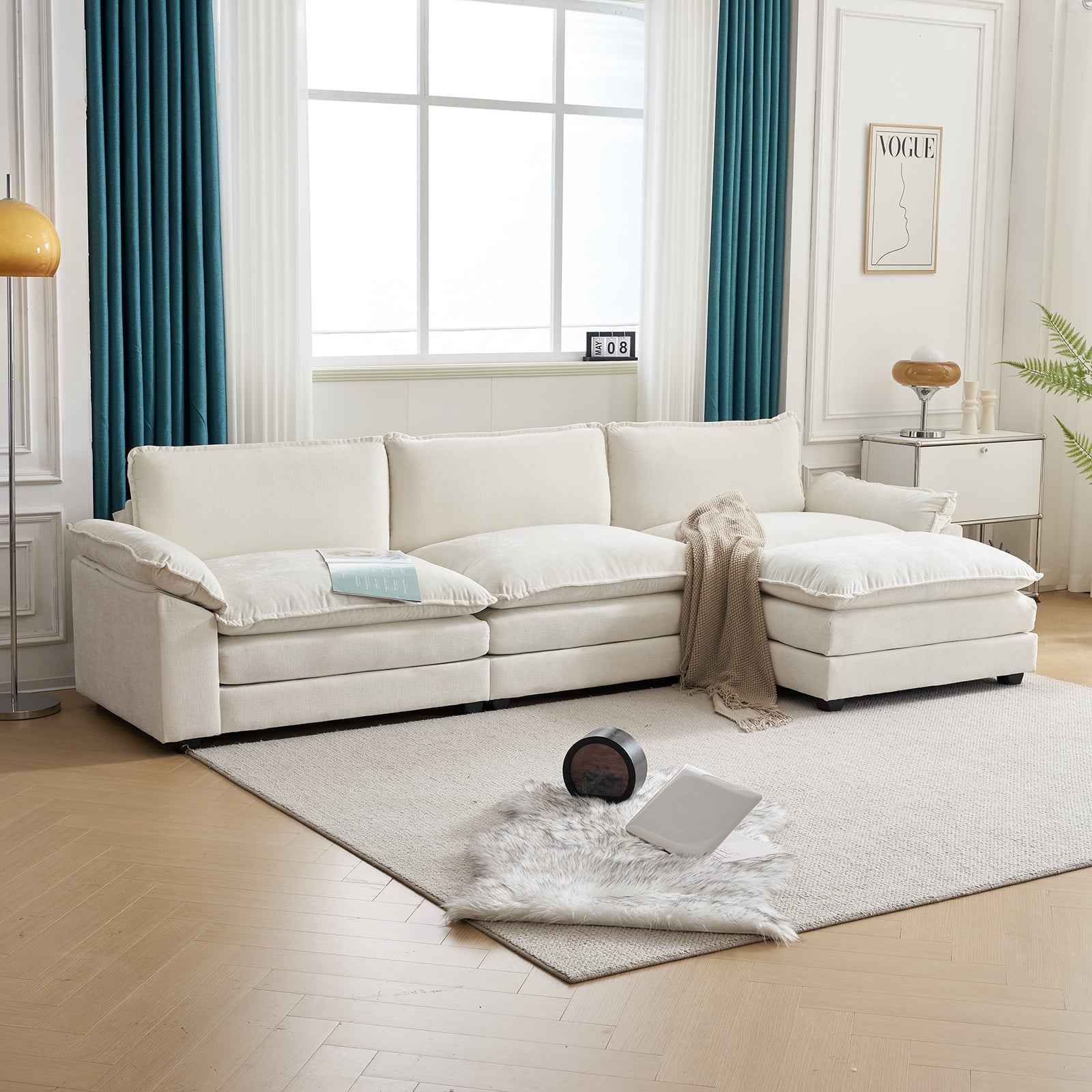 Ktaxon 120" W Sectional Sofa L Shaped Couch with Chaise Living Room Sleeper Set, 3 Seats with Chenille and Double Layer Cushions Beige