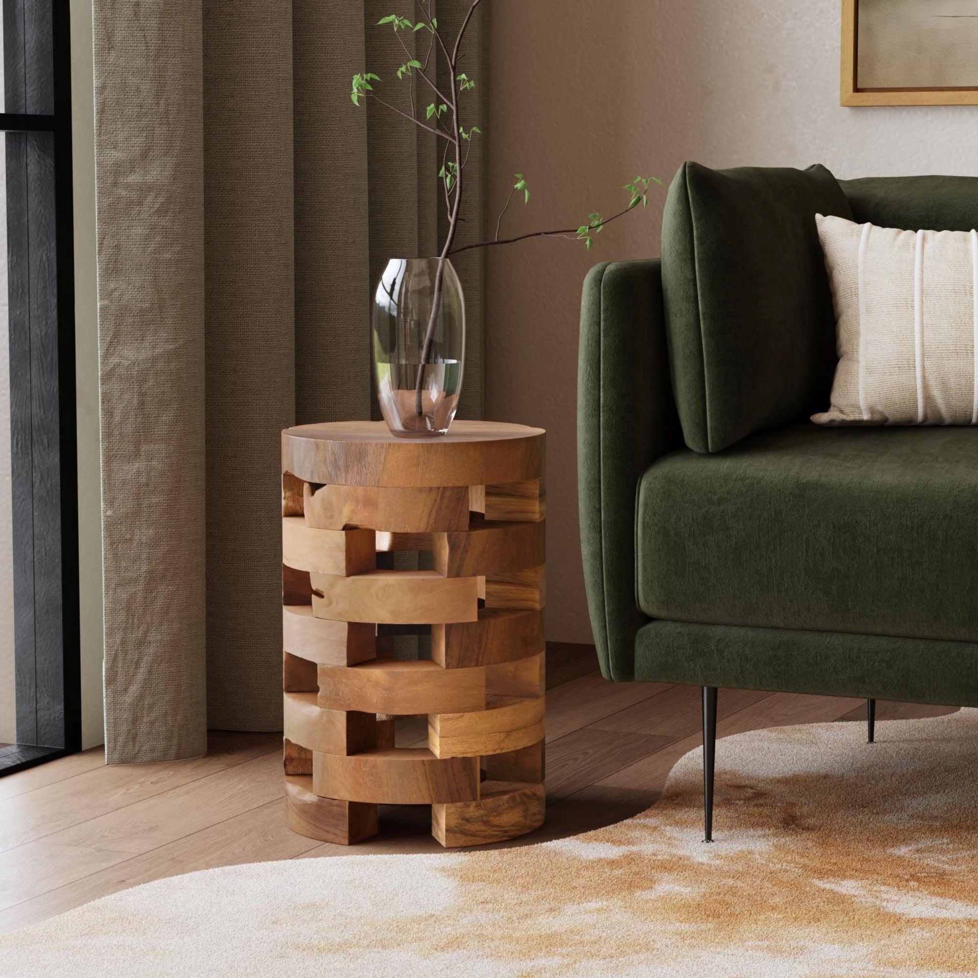 Maeve Open Slat Solid Wood Round Rustic Drum Accent Table by East at Main Natural Brown 12 x18