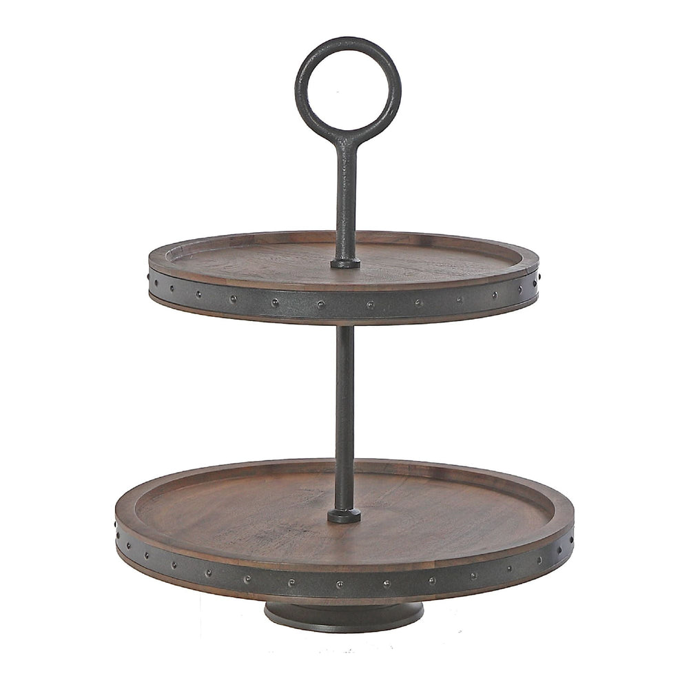 Maison Concepts Gray Acacia Wood With Riveted Gunmetal 2 Tier Cake Stand (12L X 12W X 15H)