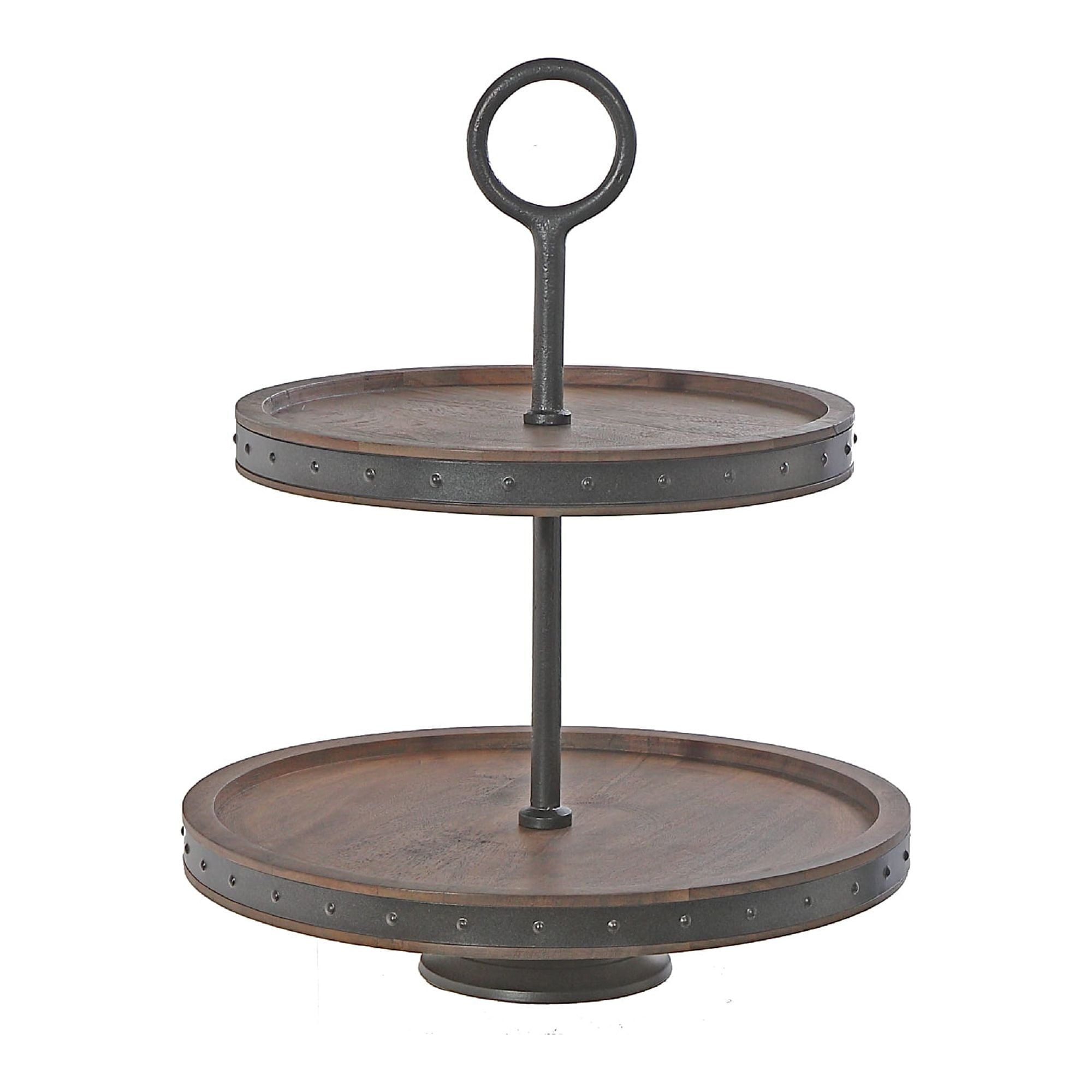 Maison Concepts Gray Acacia Wood With Riveted Gunmetal 2 Tier Cake Stand (12L X 12W X 15H)