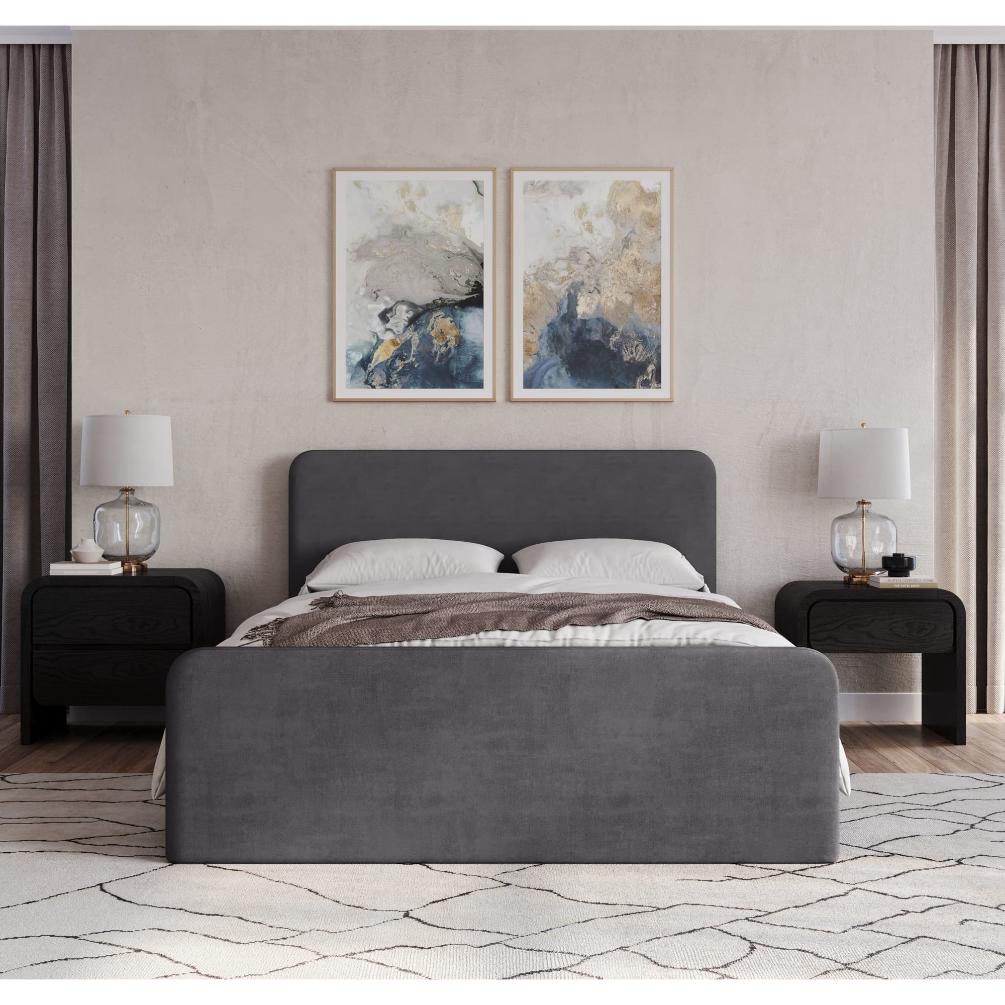 Elora Fully Upholstered Platform Bed in Charcoal Velvet