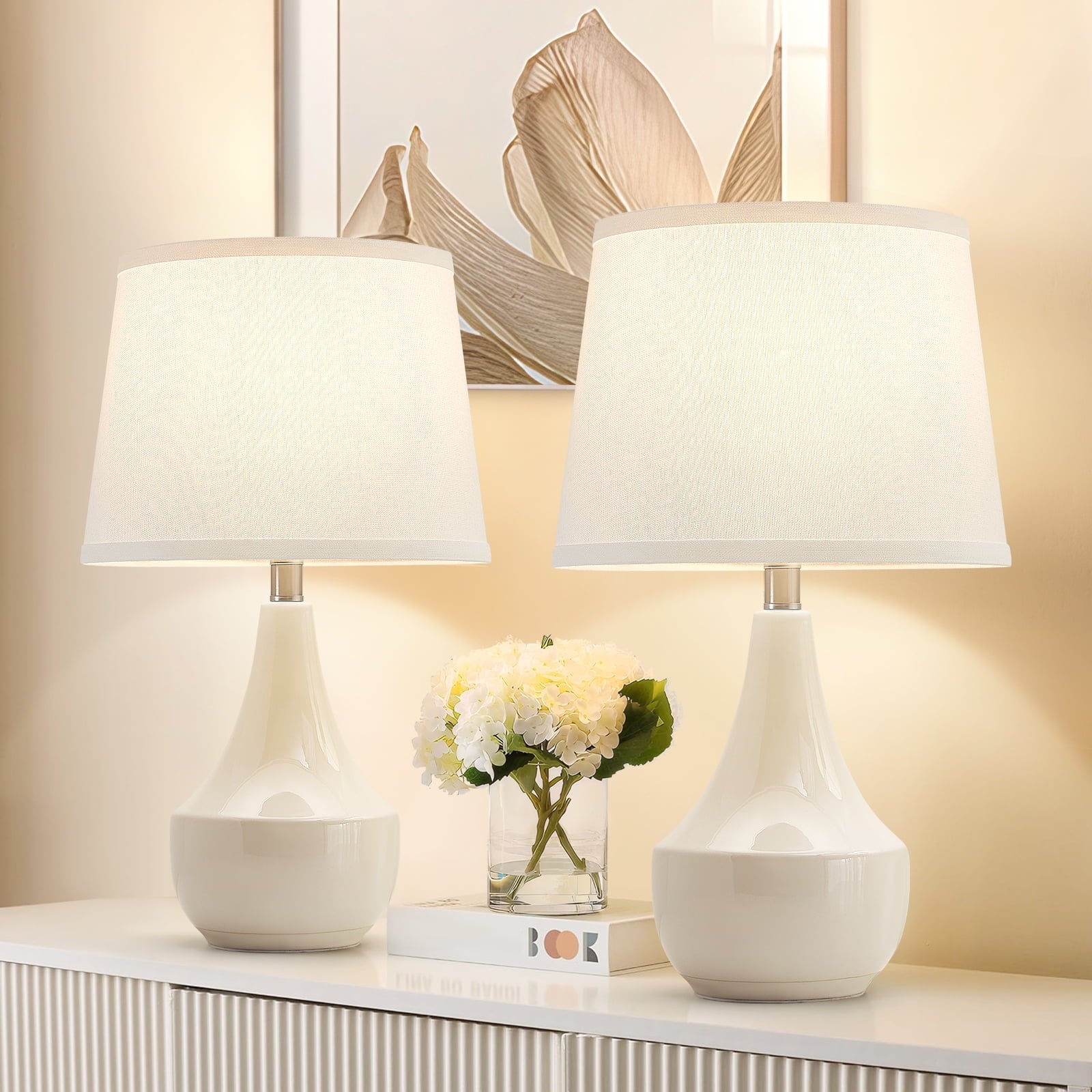 NATYSWAN Table Lamp Set of 2, 18.63in Ceramic Table Lamp Classic Beside Lamps Nightstand Lamp Modern Table Lamp for Living Room, Bedroom & Office Rocker Swtich Cream-LED Bulbs Included