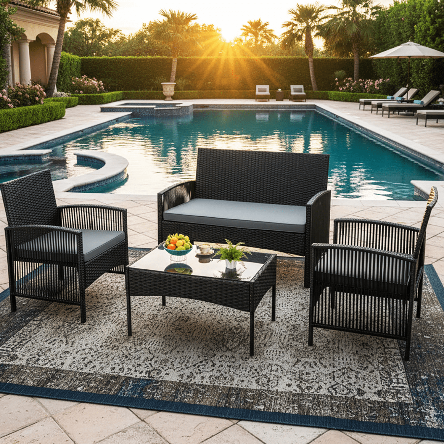 Outdoor Patio Conversation Set, Segmart 4 Pieces Rattan Sofa Set Cushioned Sofa & Charis, Deck Porch Poolside Furniture Table Set for 4, Gray