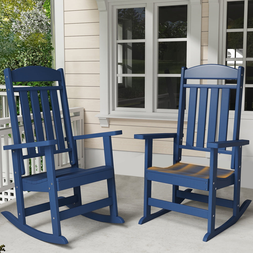 Patio Slat Rocking Chair Set of 2, HDPE Plastic Weather Resistant Porch Rocker, Navy Blue