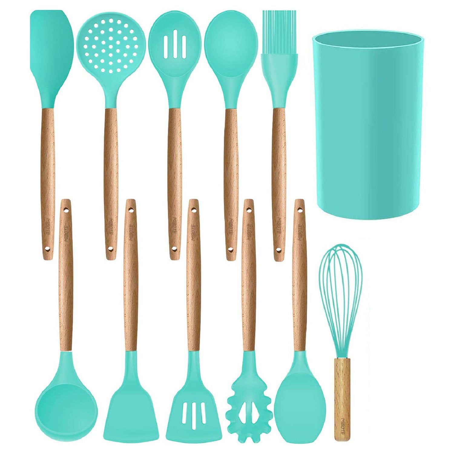 QXXSJ 12Pcs Silicone Cooking Utensils Set With Holder, Wooden Handles Cooking Tools, BPA Free Turner Tongs Spatula Spoon, Kitchen Gadgets Set, Nonstick Cookware, 5.5In/3.6In