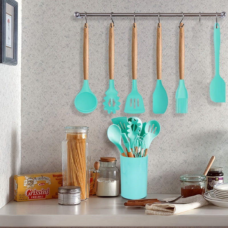 QXXSJ 12Pcs Silicone Cooking Utensils Set With Holder, Wooden Handles Cooking Tools, BPA Free Turner Tongs Spatula Spoon, Kitchen Gadgets Set, Nonstick Cookware, 5.5In/3.6In