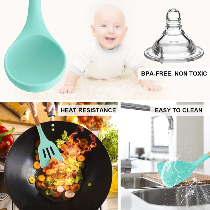 QXXSJ 12Pcs Silicone Cooking Utensils Set With Holder, Wooden Handles Cooking Tools, BPA Free Turner Tongs Spatula Spoon, Kitchen Gadgets Set, Nonstick Cookware, 5.5In/3.6In