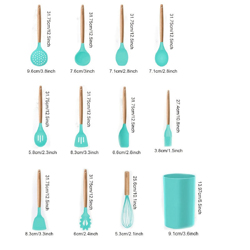 QXXSJ 12Pcs Silicone Cooking Utensils Set With Holder, Wooden Handles Cooking Tools, BPA Free Turner Tongs Spatula Spoon, Kitchen Gadgets Set, Nonstick Cookware, 5.5In/3.6In