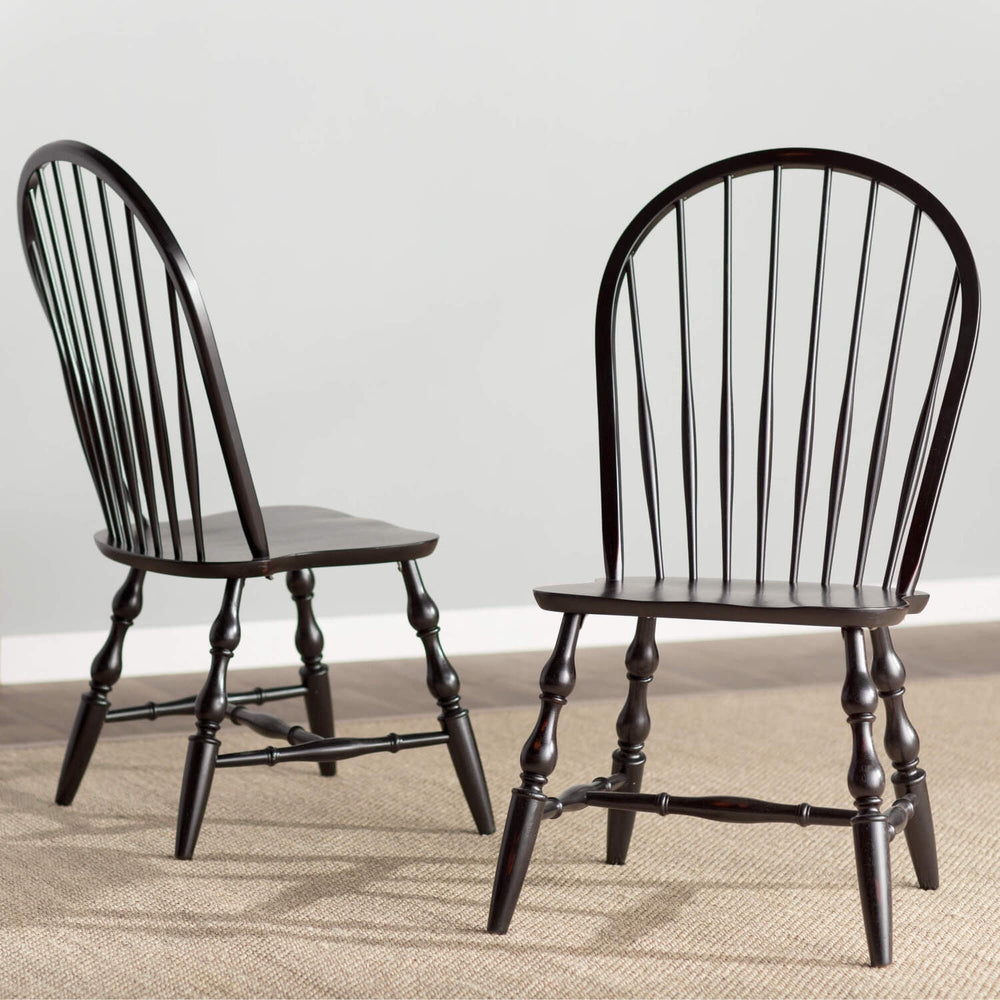 Sunset Trading Black Cherry Selections Windsor Spindleback Dining Chair | Fully Assembled Kitchen Chair | Modern Farmhouse Minimalist Country Cottage | Antique Black | Set of 2