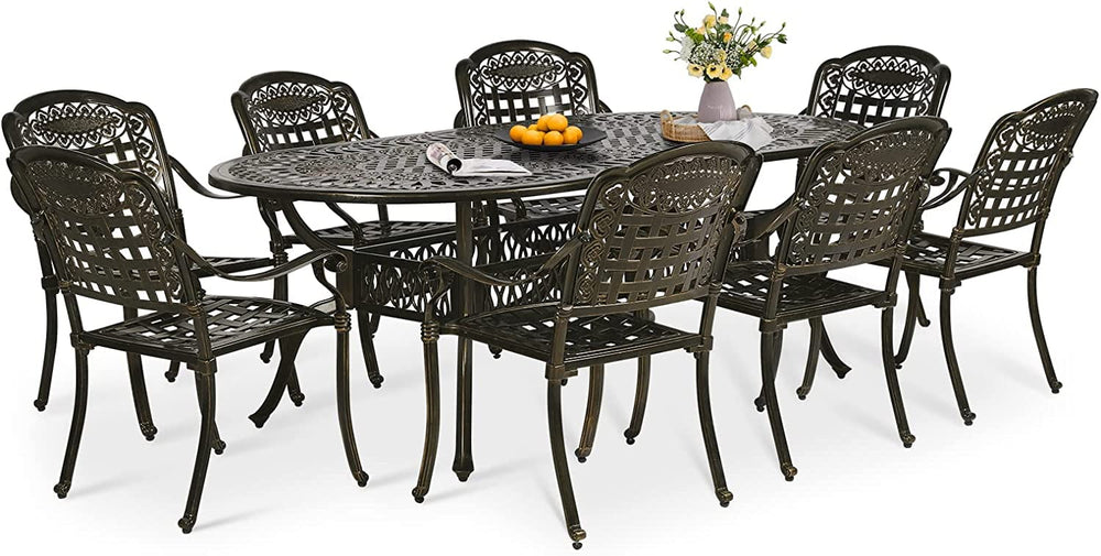 W WARMHOL 9-Piece Patio Dining Set, Outdoor Patio Table and Chair Set of 83.8" Oval Cast Aluminum Dining Table with Umbrella Hole and 8 Outdoor Dining Chairs, Patio Funiture Set for Lawn Garden