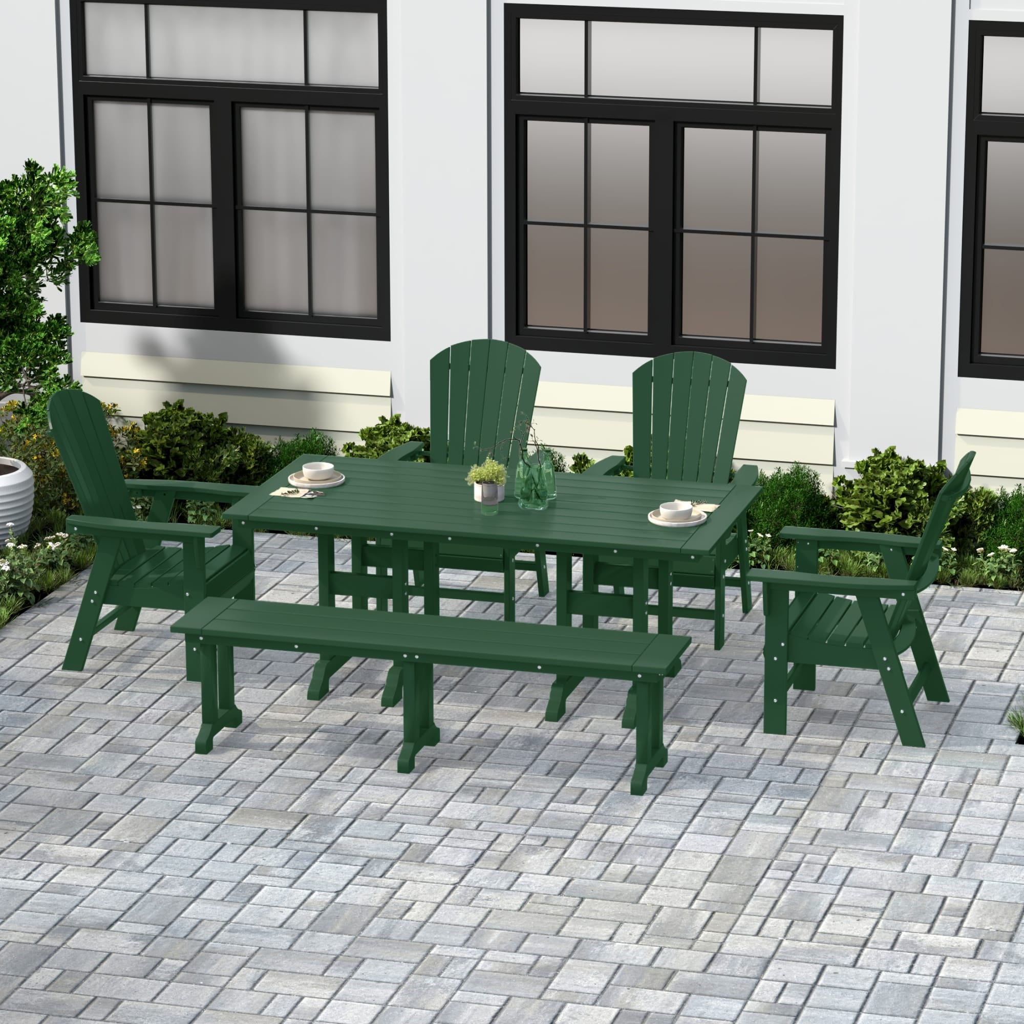 WestinTrends Dylan Adirondack Patio Dining Set for 6, All Weather Poly Lumber Outdoor Table and Chairs Set of 4, 71" Trestle Table and Adirondack Dining Chair with Dining Bench, Dark Green