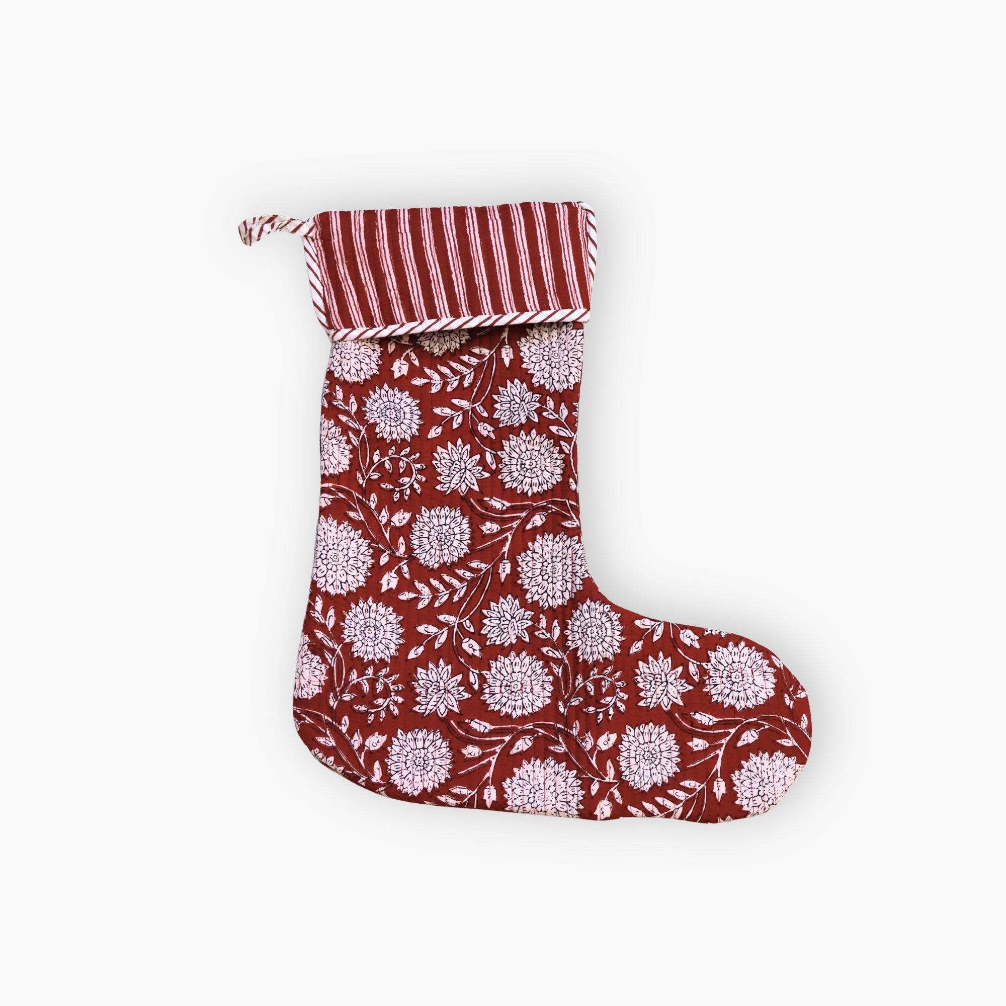 Block-Printed Quilted Christmas Stocking - Cherry Red