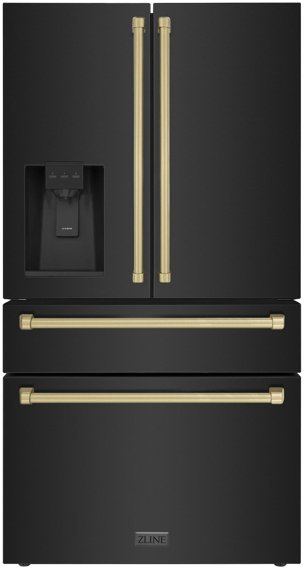 ZLINE 36" Autograph Edition 21.6 cu. ft Freestanding French Door Refrigerator with Water and Ice Dispenser in Fingerprint Resistant Stainless Steel with Gold Accents (RFMZ-36-G)