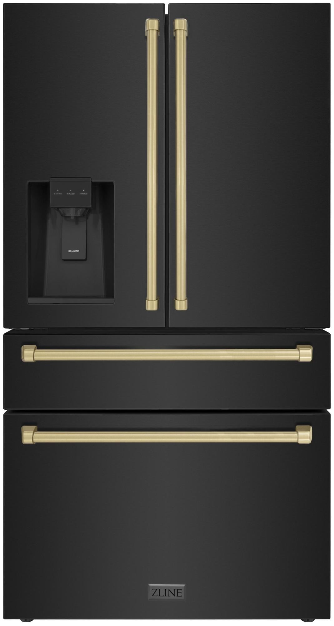 ZLINE 36&quot; Autograph Edition 21.6 cu. ft Freestanding French Door Refrigerator with Water and Ice Dispenser in Fingerprint Resistant Stainless Steel with Gold Accents (RFMZ-36-G)