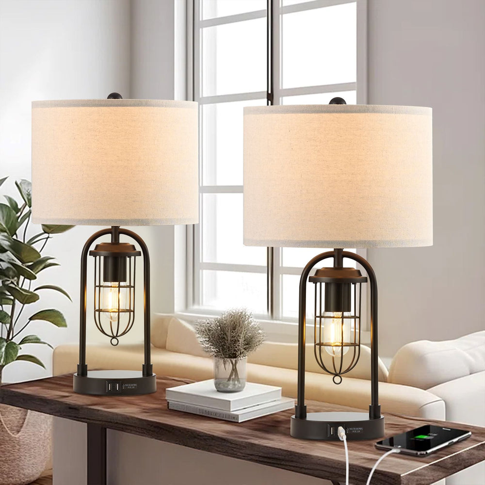 KYRID 21’’ Table Lamps Set of 2 with USB Port and Night Light, Modern Farmhouse Side Table Lamp with White Drum Shade, Painted Bronze Finish (Bulbs Included)