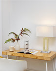 D'Alessio 20-inch Modern Gold Table Lamp, White Linen Shade, LED Bulb Included